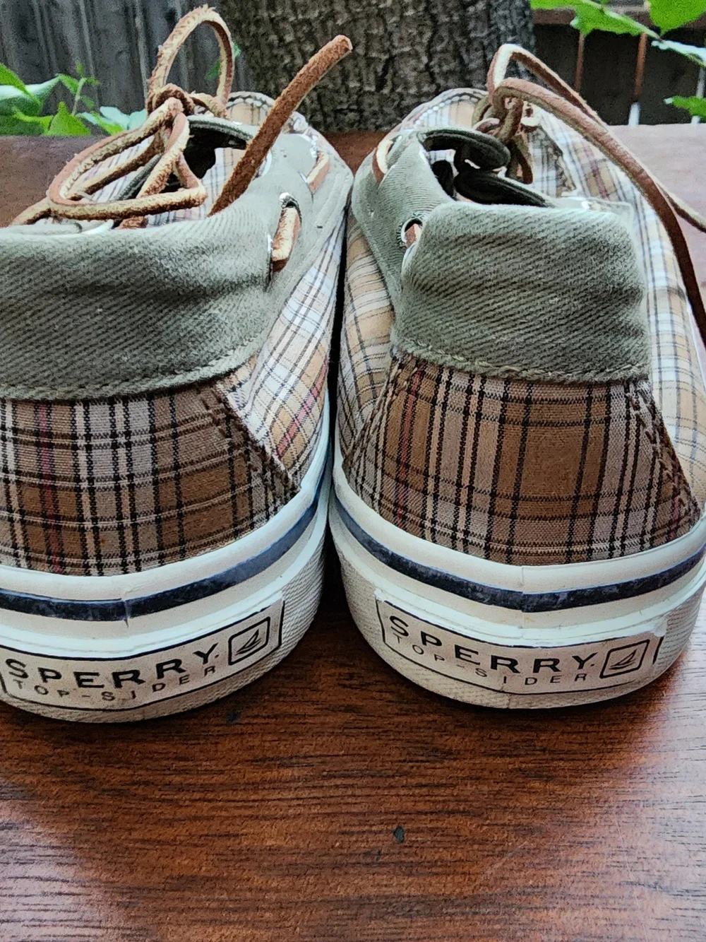 Sperry Top-Sider Plaid Canvas Boat Shoes Green Sage Tan Deck Loafers [11M]